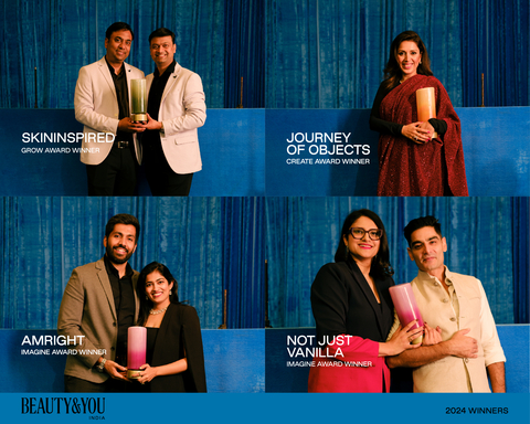 Top L: Piyush Jain (L) and Dr. Prashant Agrawal (R), co-founders, SkinInspired. Bottom L: Vijay Sivaraju (L) and Vaishnavi Maganti (R), co-founders, Amright. Top R: Alia Allana, founder, Journey of Objects. Bottom R: Kritika Rathi (L) and Akshay Bawa (R), co-founders, Not Just Vanilla (Photo: Business Wire)