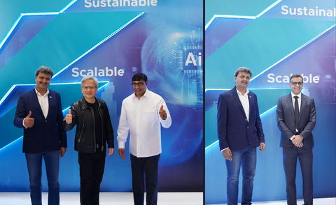 [From left to Right] Mayank Srivastava, CEO, BDx Data Centers; Jensen Huang, Founder & CEO of NVIDIA; Vikram Sinha, President Director and CEO of Indosat Ooredoo Hutchison; and Ronnie Vasishta, Senior Vice President of Telecom at NVIDIA, at Indonesia AI Day 2024 (Photo: Business Wire)